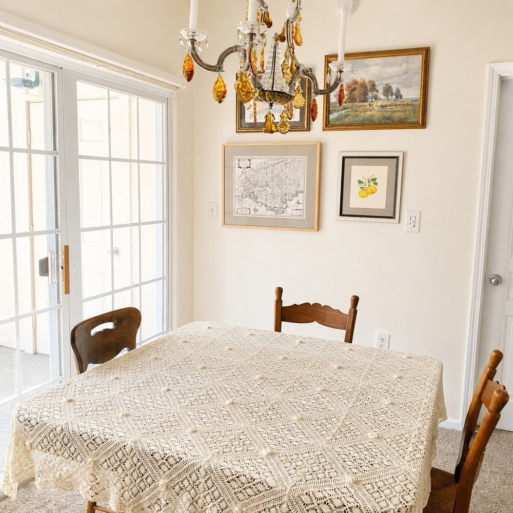 Vintage 60s Handmade Crochet 3D Camelia Tablecloth 60x60" Cream Country